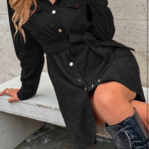 Corduroy Solid Belted Shirt Dress - Picture 2 of 5